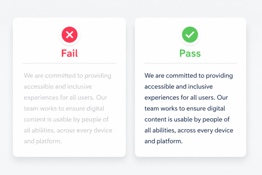 Side by side comparison of low contrast text failing WCAG guidelines versus high contrast text passing the 4.5 to 1 ratio requirement for ADA compliant websites