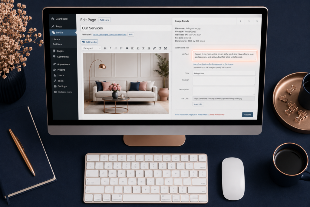 A website CMS dashboard with an alt text field highlighted, showing how to add alt text for images in WordPress or a similar website platform