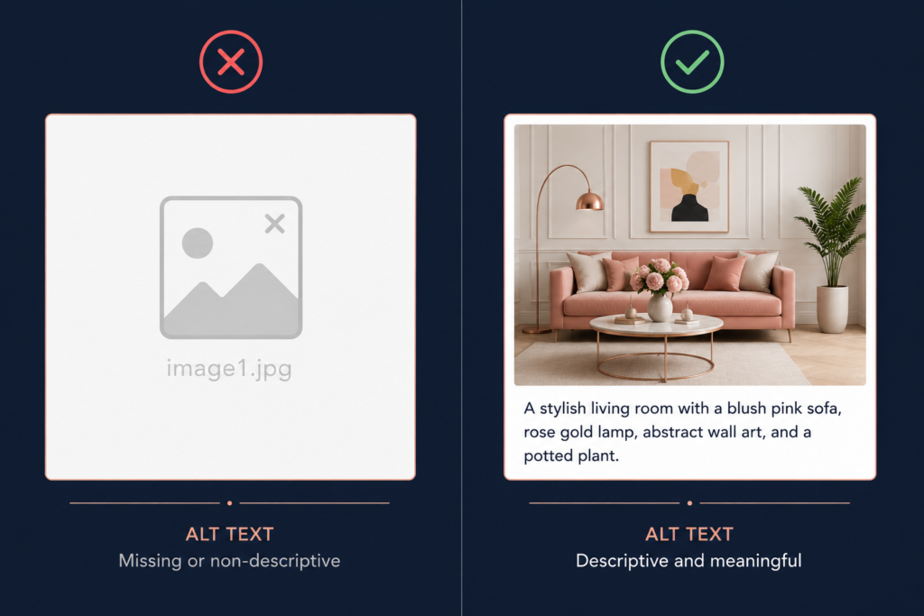 Split screen comparison showing bad alt text using a file name versus good descriptive alt text for images, illustrating WCAG image accessibility requirements