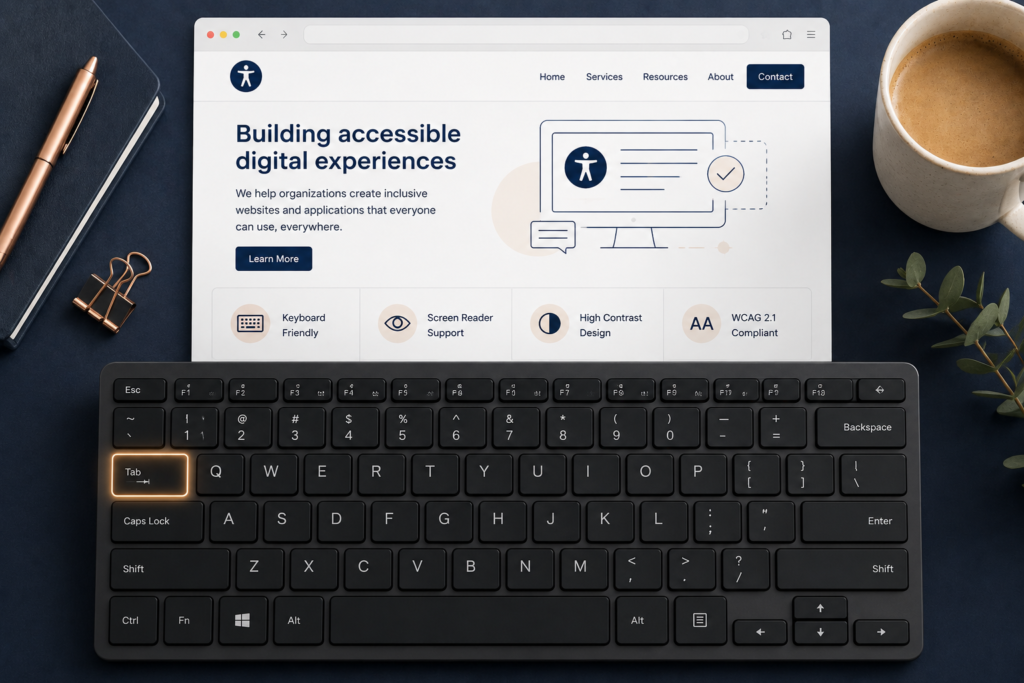 Close up of a keyboard with the Tab key highlighted representing keyboard navigation accessibility testing for ADA compliant websites