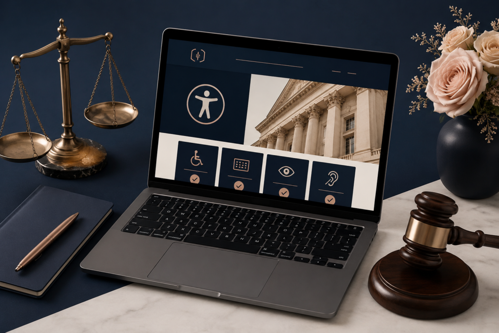 A laptop displaying a website accessibility audit with legal compliance elements in the background, representing an ADA compliant website for small businesses