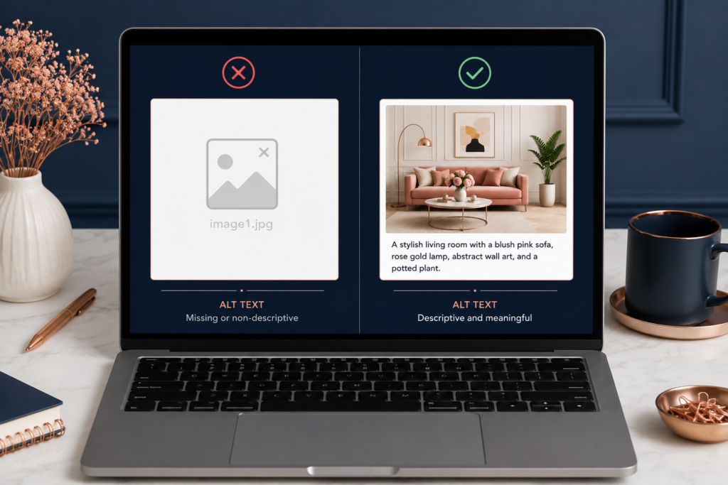 Split screen on a laptop comparison showing bad alt text versus good descriptive alt text for images, illustrating WCAG image accessibility requirements